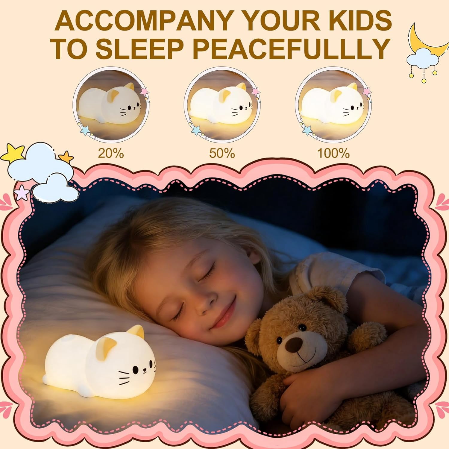 Cat Night Light & Lamp for Baby Nursery - Soft Lying Kitty Nightlight, Dimmable and 7 RGB Colors, Switchable Animal Sound,Rechargeable BPA-Free,Good for Room Decor,Valentines Day, Holiday Gifts