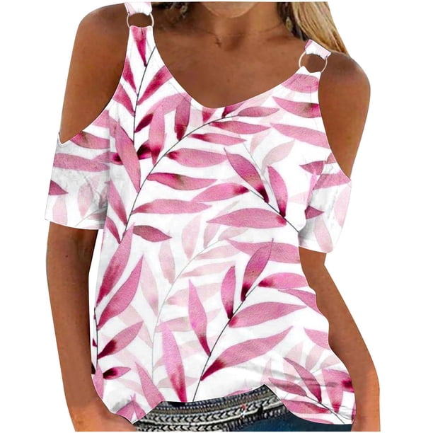 Camisas de Manga Corta para las Mujeres Blusa de Cuello Redondo de Impresión Casual, Top de Algodón de Imitación Ligero para el Hogar, el Uso Diario Y las Cuatro Estaciones