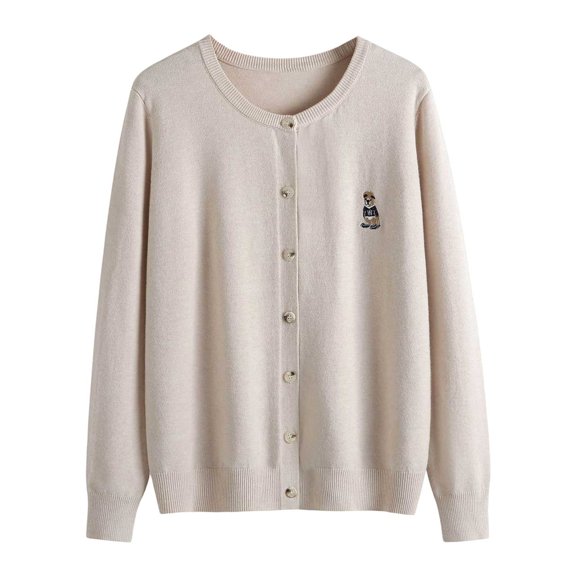 Wang6 Womens Lightweight Plus Size Cardigans Sweaters Fall Button down Knit Sweater Long Sleeve Open Front Knitted Coat Bear Embroidery Outwear White XL