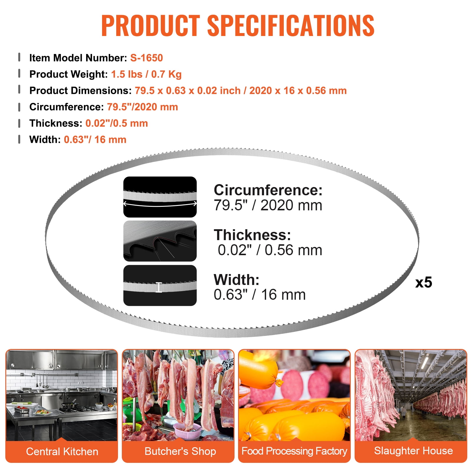 BENTISM Band Bone Saw Machine Blade for Cutting Meat Bone 79.5"x0.63"x0.02" Carbon Steel 5 PCS