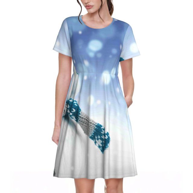 Disketp Christmas Snowman In The Snow para Vestido de Manga Corta para Mujeres, Vestidos de Verano para Mujeres, Casual y Holgado para la Playa