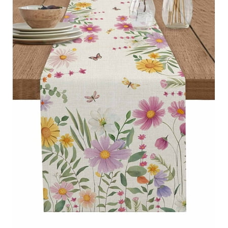 

Spring Flowers Table Runner Farmhouse Retro Botanical Floral Butterfly Tablerunners 13 x 60 Inch Table Decorations Tabletop Scarf for Summer Gathering Holiday Farmhouse Kitchen Dining Decor