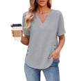 thumbnail image 7 of VBVC Women's Cotton-Linen V-Neck Blouse, Ladies' Rolled Cuff Short Sleeve Side Shirt, Button Detail Summer Tunic Top For Women,Gray,S-2XL, 7 of 7