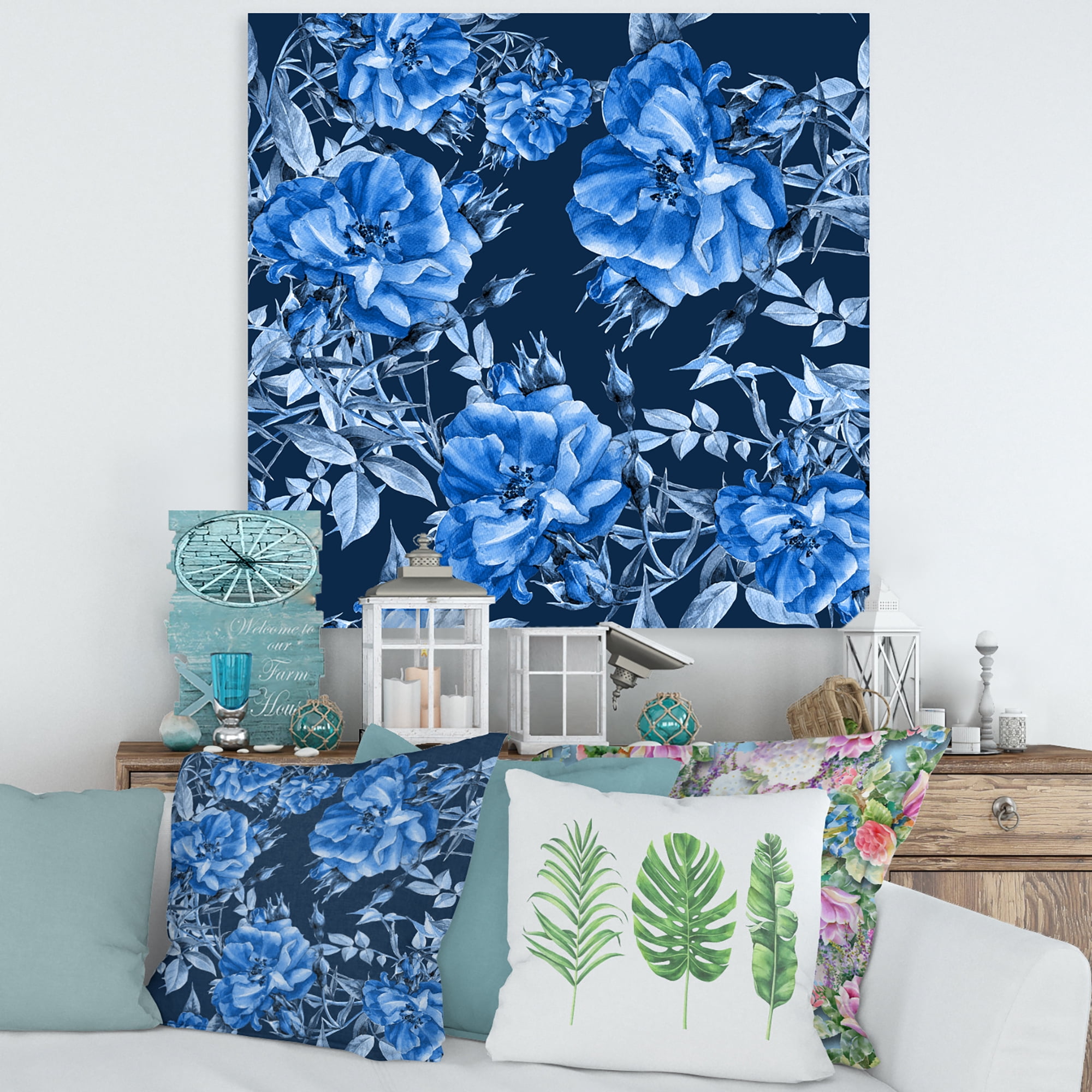 Designart ' Abstract Blue Wildflowers ' Modern Canvas Wall Art Print