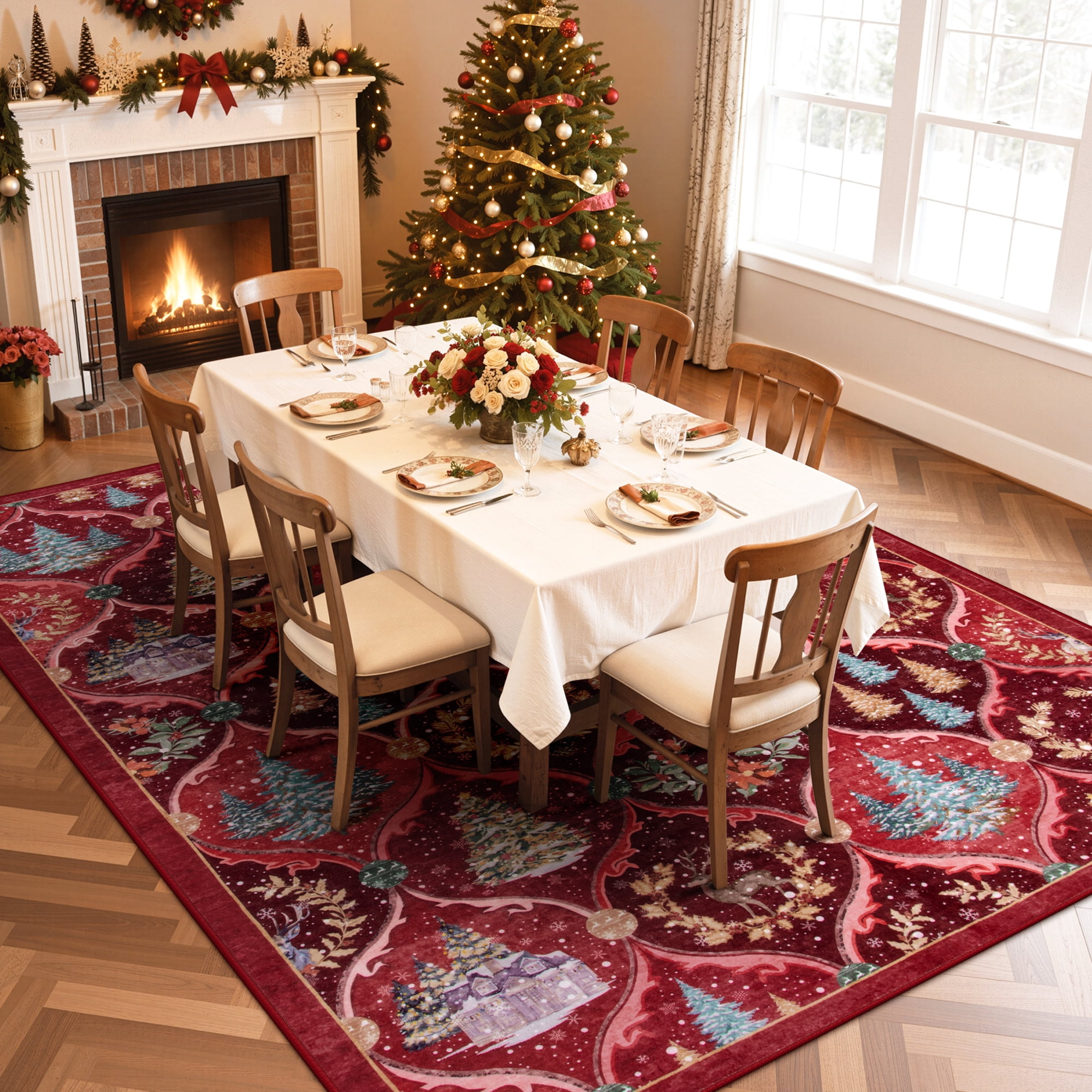 Moynesa 8'x10' Christmas Area Rug for Living Room, Large Rug Xmas Tree Modern Rug Kitchen Rug Washable Rug Non Slip Moroccan Carpet Holiday Decor Soft Accent Rug for Bedroom Dining Room, Red