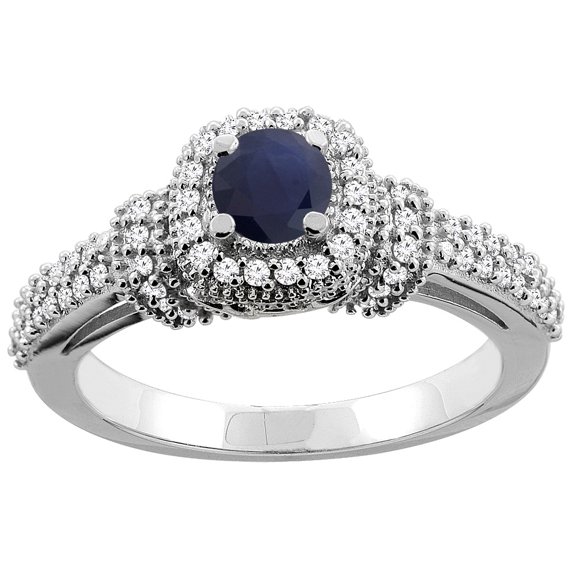 14K White Gold Natural High Quality Blue Sapphire Engagement Halo Ring Round 5mm Diamond Accents, size 9