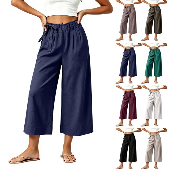 Bxsruta Women's Wide Leg Capri Pants Drawstring Elastic Waist Summer Casual Loose Trousers