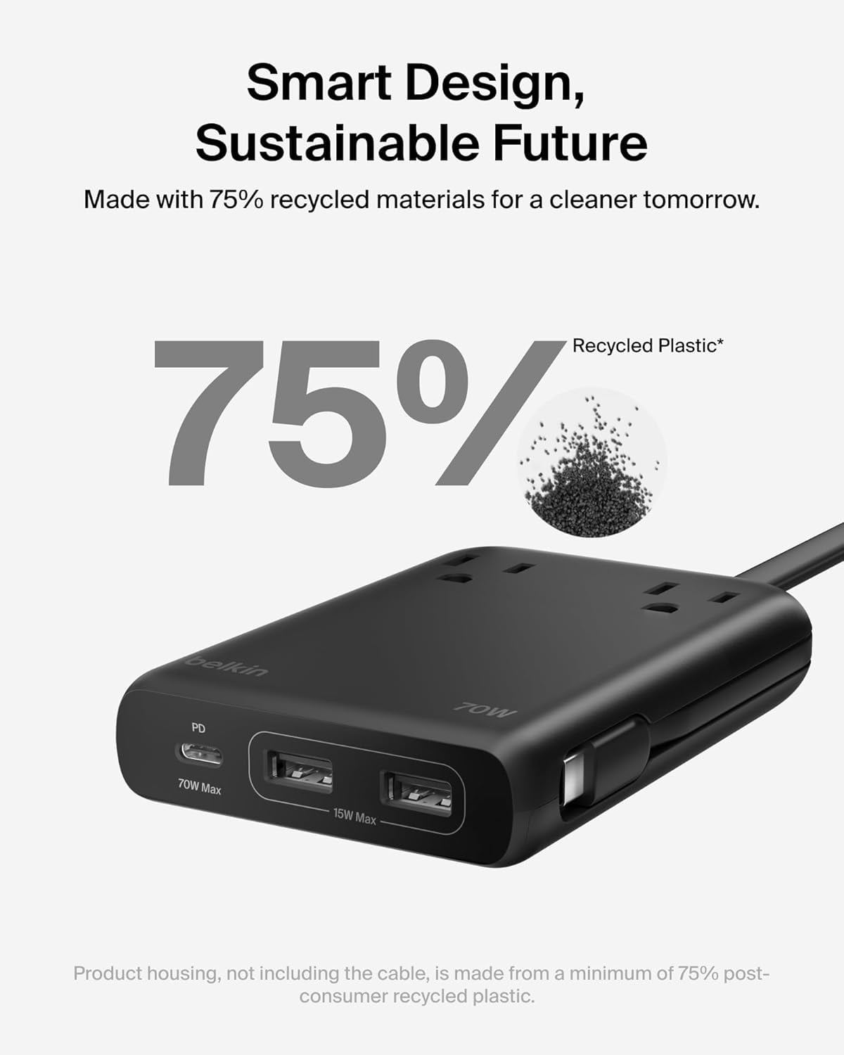 Belkin GaN Charging Station 70W, 6-in-1 USB C Charger w/ 2 AC Outlets, 2 USB A Ports, Integrated USB C Cable-Power Strip for iPhone, Apple Watch, iPad, MacBook, Chromebook, Laptop, Travel Essential