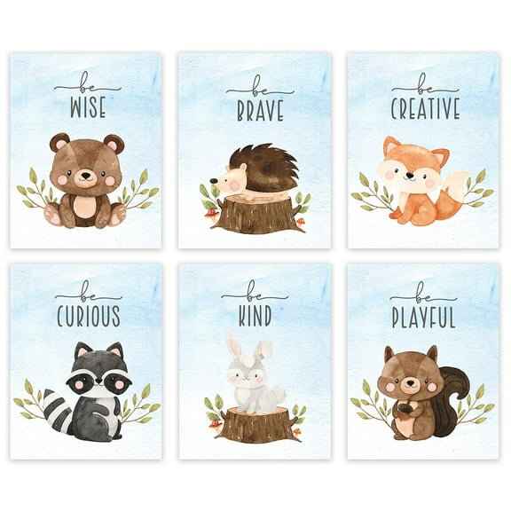 Koyal Wholesale Nursery Kids Room Woodland Animals Unframed Wall Art Poster, 8.5x11-inch, Inspirational, Cute Watercolor Blue Sky, Bear Raccoon, Fox, Bear, Squirrel, 6-Pack