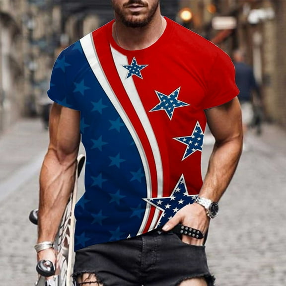 Fnnxeal Mens American Flag T-Shirt Blue Watercolor Brushstroke 3D All Over Print Big and Tall Sizes S-7XL USA 250th Anniversary,Size 5XL