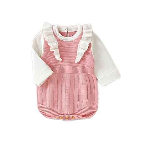 

Haite Newborn Buttons Knitted Overall Ruffled Long Sleeve Bodysuit Party Color Block One Piece Romper Pink 68cm