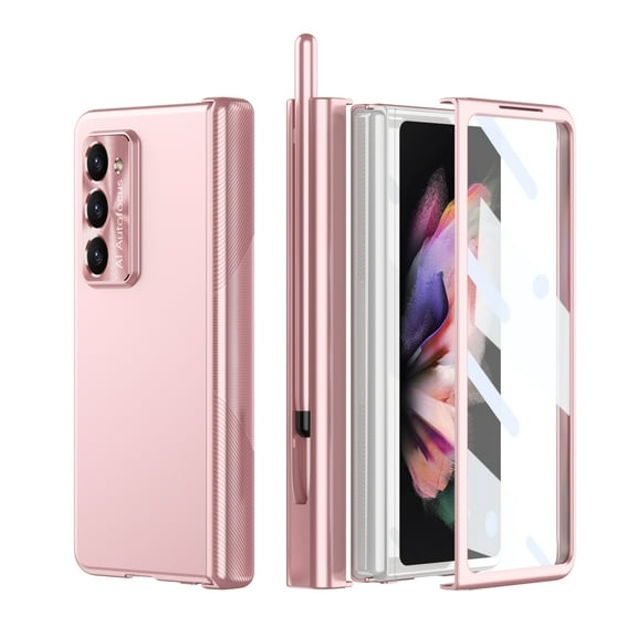 Feishell for Samsung Galaxy Z Fold5 Electroplated Folding Case with Double Hinge & S Pen,Magnetic Hinge Protection Bulit-in Screen Protector Metal Lens Protection Pen Holder Phone Case,Pink