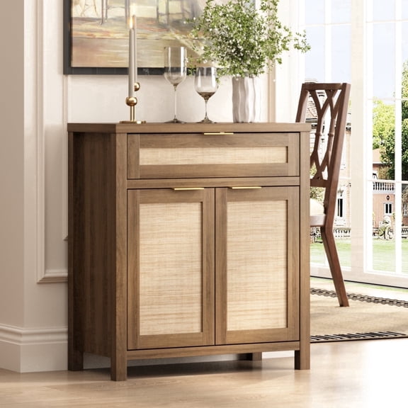 30" Rattan Sideboards Buffets Cabinets with Storage and Doors, Coffee Bar Accent Cabinets for Living Room Entryway