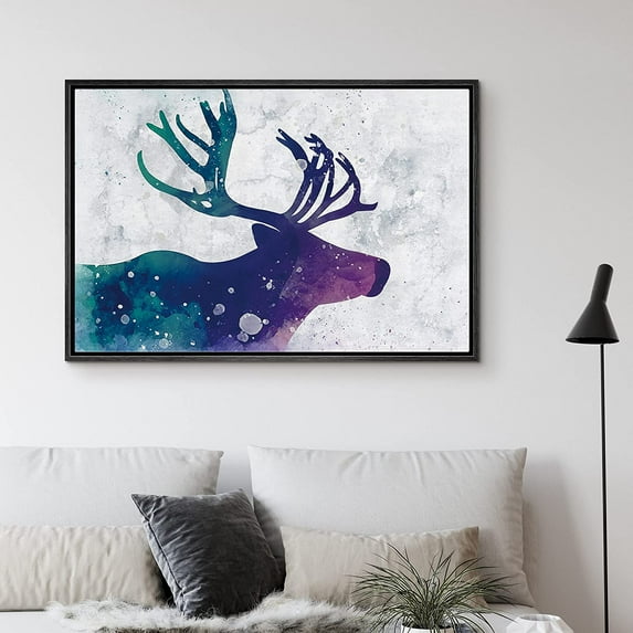 PixonSign Framed Canvas Print Wall Art Purple and Green Watercolor Elk Animals Wilderness Illustrations Modern Art Farmhouse/Country Fun Multicolor Pastel for Living Room, Bedroom, Office - 16"x24"