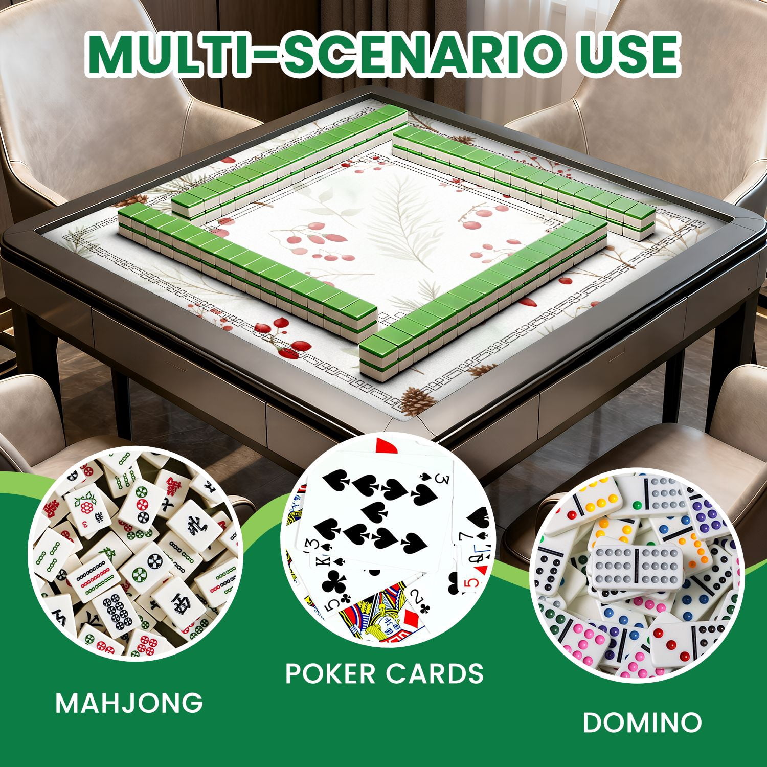 Mahjong Mat 31.5" x 31.5" Christmas seamless red berries green fir twigs cones white Non-Slip Noise Reduction American Mahjong Tiles Table Cover for Dominoes Poker Card Board Games Gift