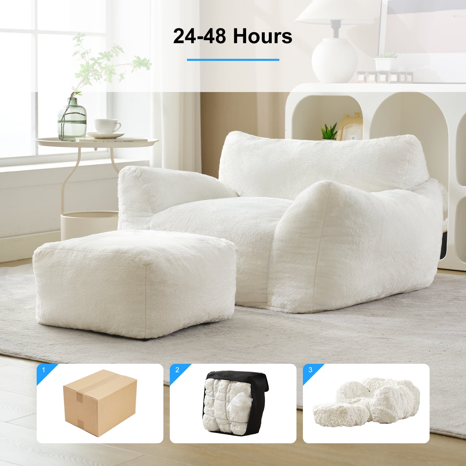 Puremind Bean Bag Chair for Kids and Adults, Oversized Bean Bag Couch with Ottoman, Faux Fur Lazy Sofa Chair for Living Room/Apartment/Bedroom, Beige