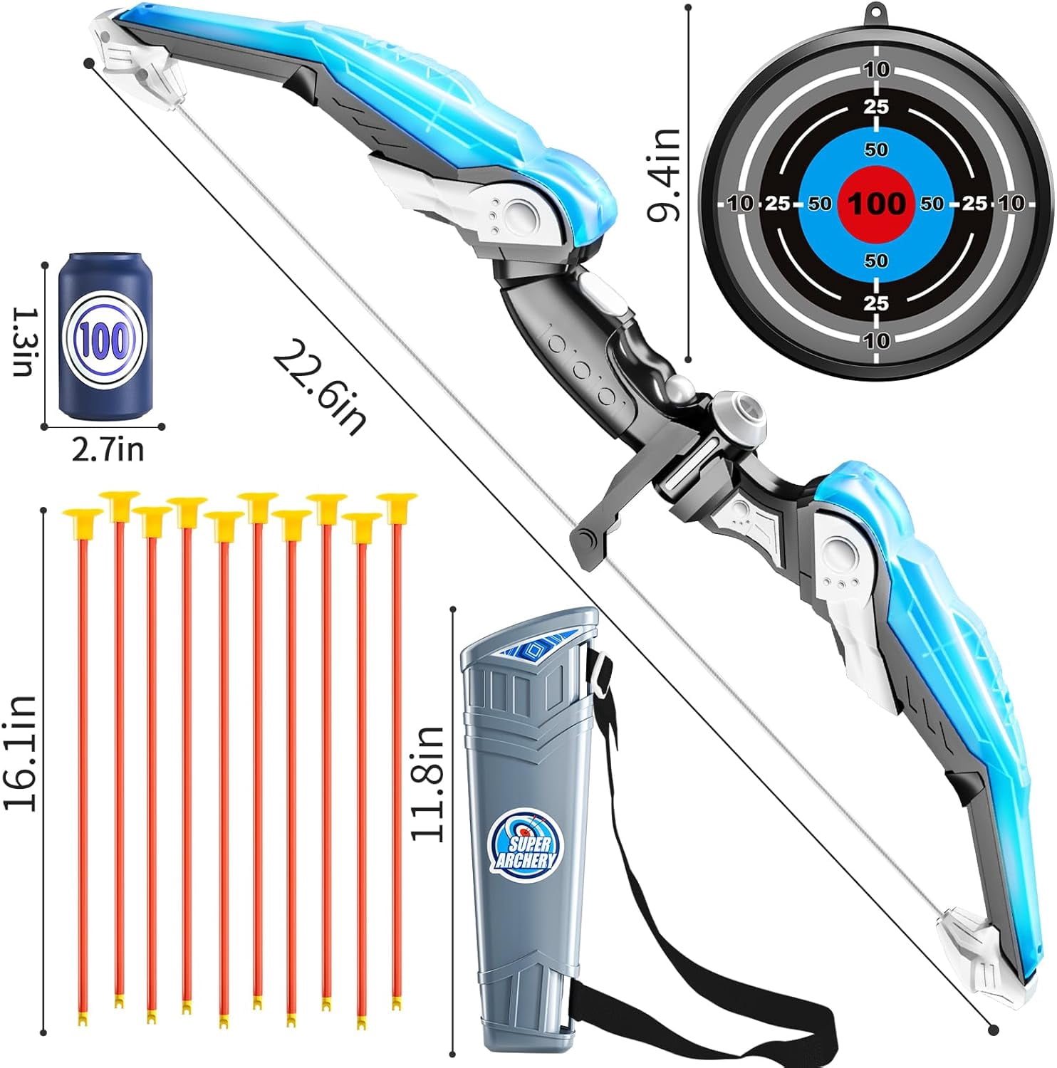 TEMI Bow and Arrow Set for Kids - Archery Toy Set - LED Light Up with Suction Cup Arrows, Target & Quiver, Indoor and Outdoor Toys for Children Boys Girls