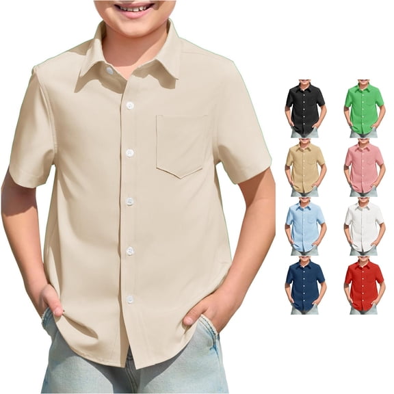 GobdXE Solid Short Sleeve Button Down Collared Shirt with Left Chest Pocket Unisex Kids Back to School Uniform Casual Dress Tops for Boys Girls 5-6 Years,Beige