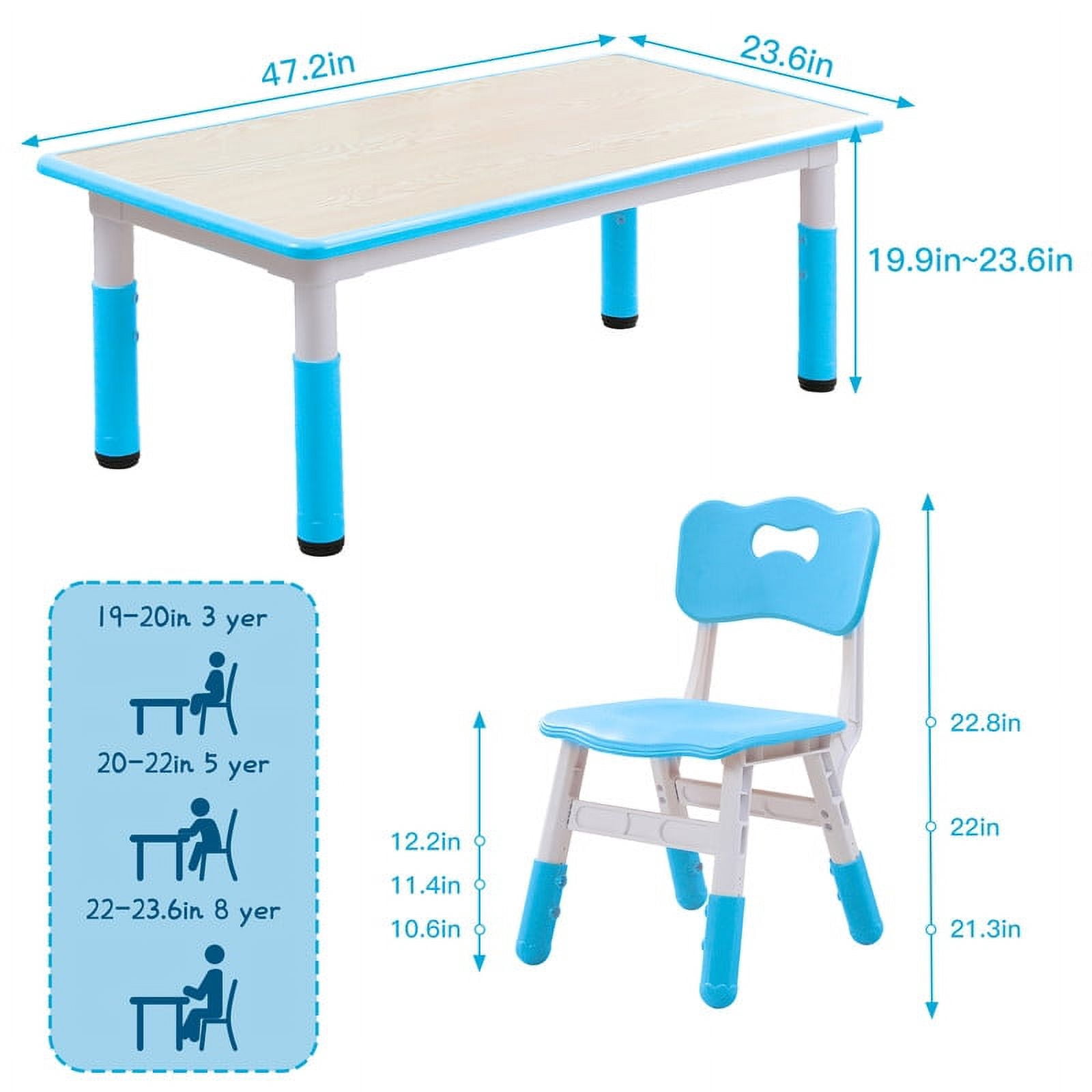 YUKOOL Kids Table and 4 Chair Set - Adjustable Height, HDPE Material, Perfect for Ages 2-12, Blue