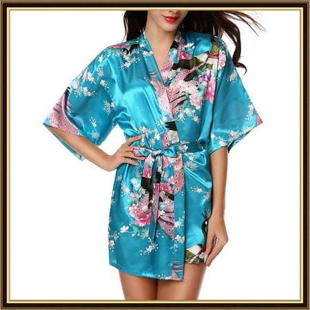 

Yubatuo Women Simulation Silk Print Bride Robe Fashion Gown Bath Robe Lingerie Sleepwear Blue XXL
