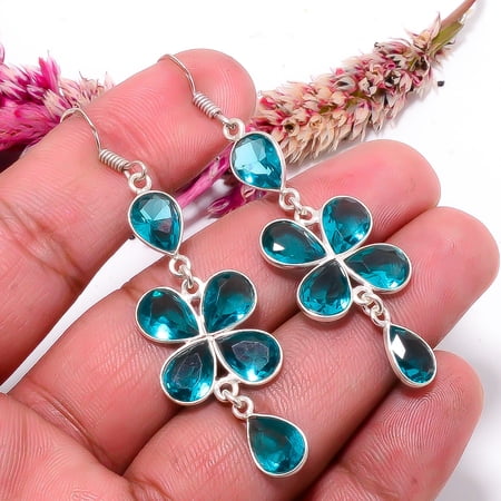 Blue Topaz Gemstone 925 Sterling Silver Handmade Earring 2.50" E291