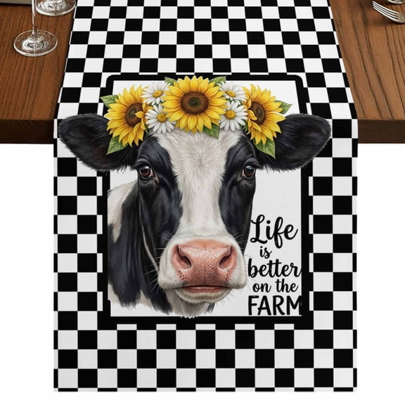 Farmhouse Cows Burlap Cotton Table Runner 16x72 Inches Long, Sunflower Daisy White Black Plaid Farmhouse Table Runners, Outdoor Dining Tablecloths Decor for Baby Shower/Party/Wedding