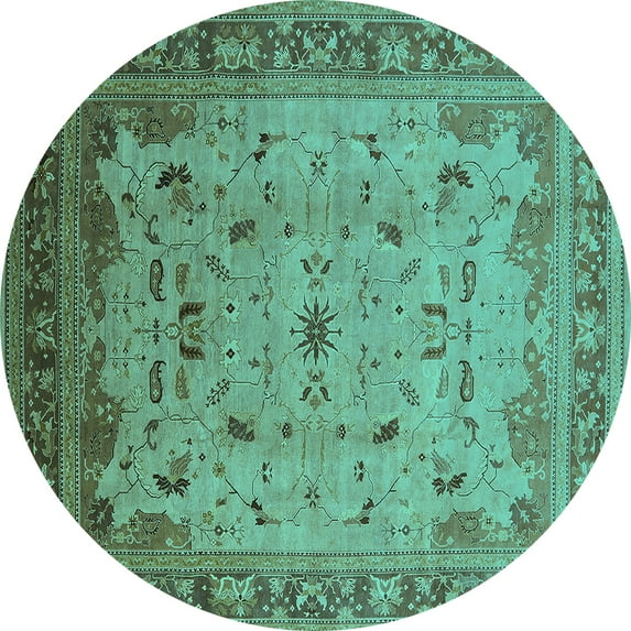 Ahgly Company Indoor Round Oriental Turquoise Blue Traditional Area Rugs, 4' Round
