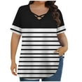 thumbnail image 3 of Feancey Plus Size Trendy Womens Tshirts Summer Short Sleeve Striped Print Tops Criss Cross V Neck Loose Blouse Business Casual Oversized T-Shirt BlackXXL, 3 of 7