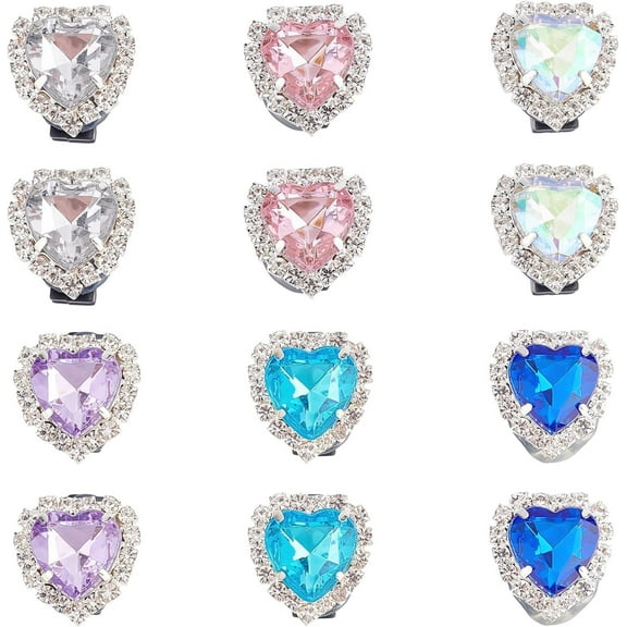 12 Pcs Shoelaces Charms 6 Color Heart Shape Rhinestone Crystal Shoelaces Buttons with Plactic Buckle Back Decorations Charms Shoes Clips Accessories for Girls Women Favors Birthday