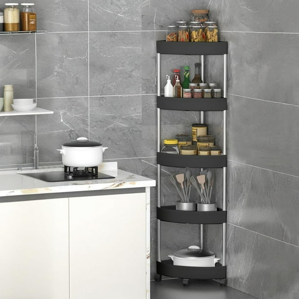 Estante Esquinero de Baño de 5 Niveles En Blanco y Negro con Ruedas y Orificios de Drenaje - Estante de Almacenamiento de Plástico y Acero Inoxidable, 44,29 X 14,17 Pulgadas