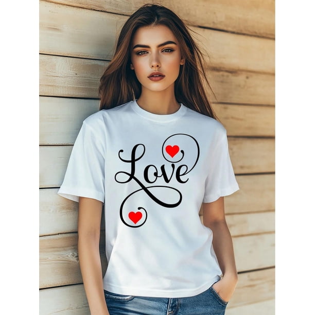 Women's Valentine's Day Romance Love Cartoon Print T-Shirt Fashion Short Sleeve Round-Neck Fit TopsCamisetas para mujer, lindas camisetas con estampado gráfico, de manga corta, estilo casual, para ve