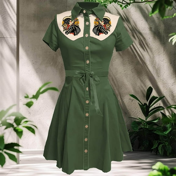 Vintage Western Flower Printed Shirt Dress Women Summer Button Down Casual Retro Style Midi Dresses Knit Dress Women Bump Friendly Dress Business Casual Dress Summer Dresses Dressy Dresses Summer