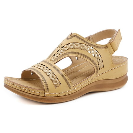 

Plus Size Women Retro Stitching Hollow Out Hook Loop Hand Made Wedges Sandals Vintage Style Summer Shoes 37 Apricot