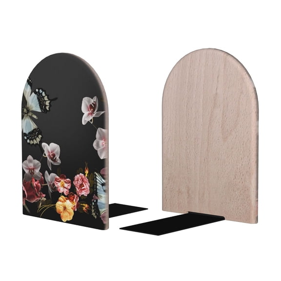 Picia Butterfly with Fowers Pattern Wood Bookends for Shelves,Non-slip Bookends, Heavy Duty Wooden Bookend Support,1 Pair