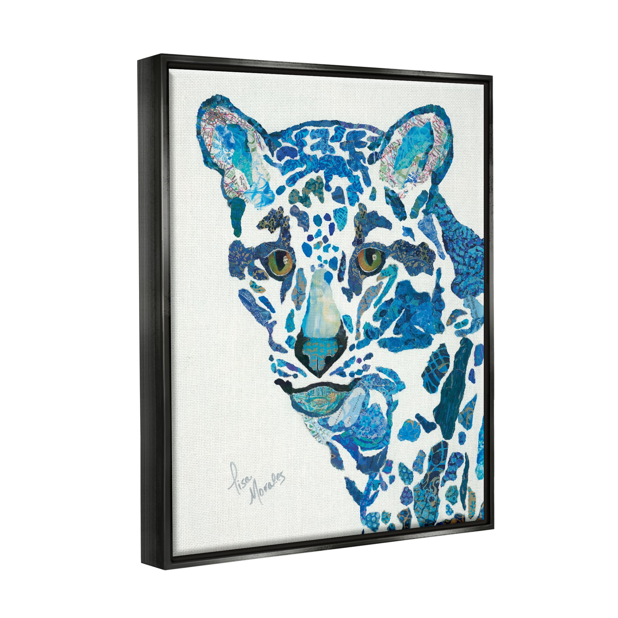 Stupell Industries Clouded Leopard Collaged Blue Patterns Wildlife Animal Painting Jet Black Floating Framed Canvas Print Wall Art, Design by Lisa Morales