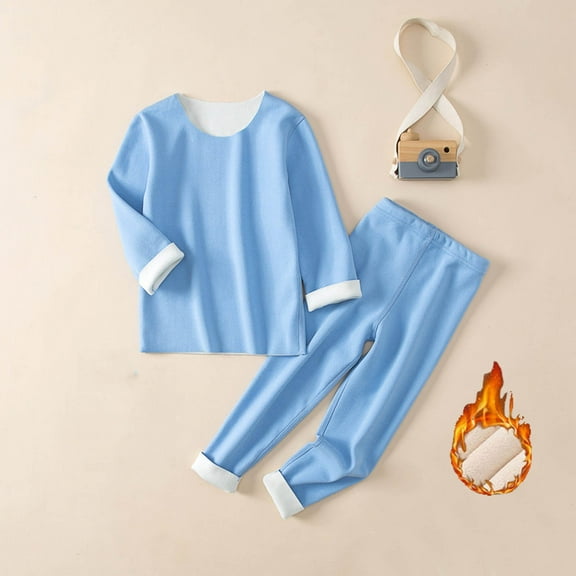 AUNVITO Fleece-Lined Thermal Pajama Set for Boys & Girls 2-13Y Long Sleeve Round Neck Winter Sleepwear Two-Piece Cotton Loungewear Cozy Outfit