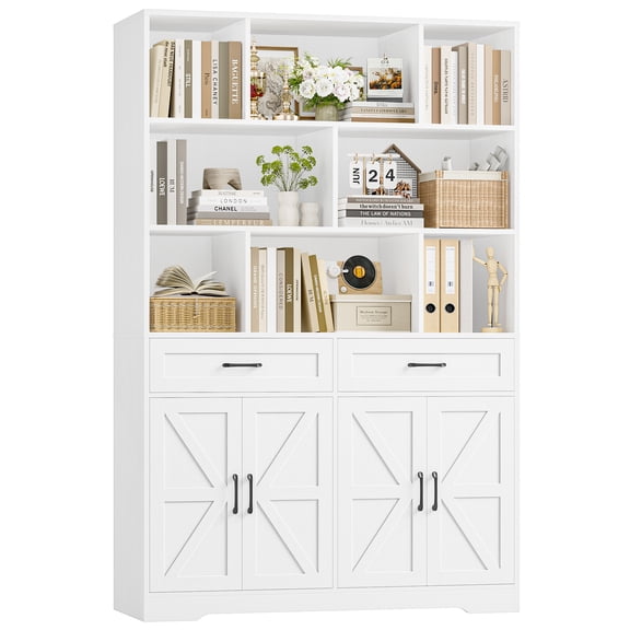 Hiphuta 71"Tall Bookcases with Drawers & Doors, 47” Wide Large Bookshelf for Home Office 6-Tier Bookshelf , Wooden Book Storage Cabinet for Home Office Living Room, White