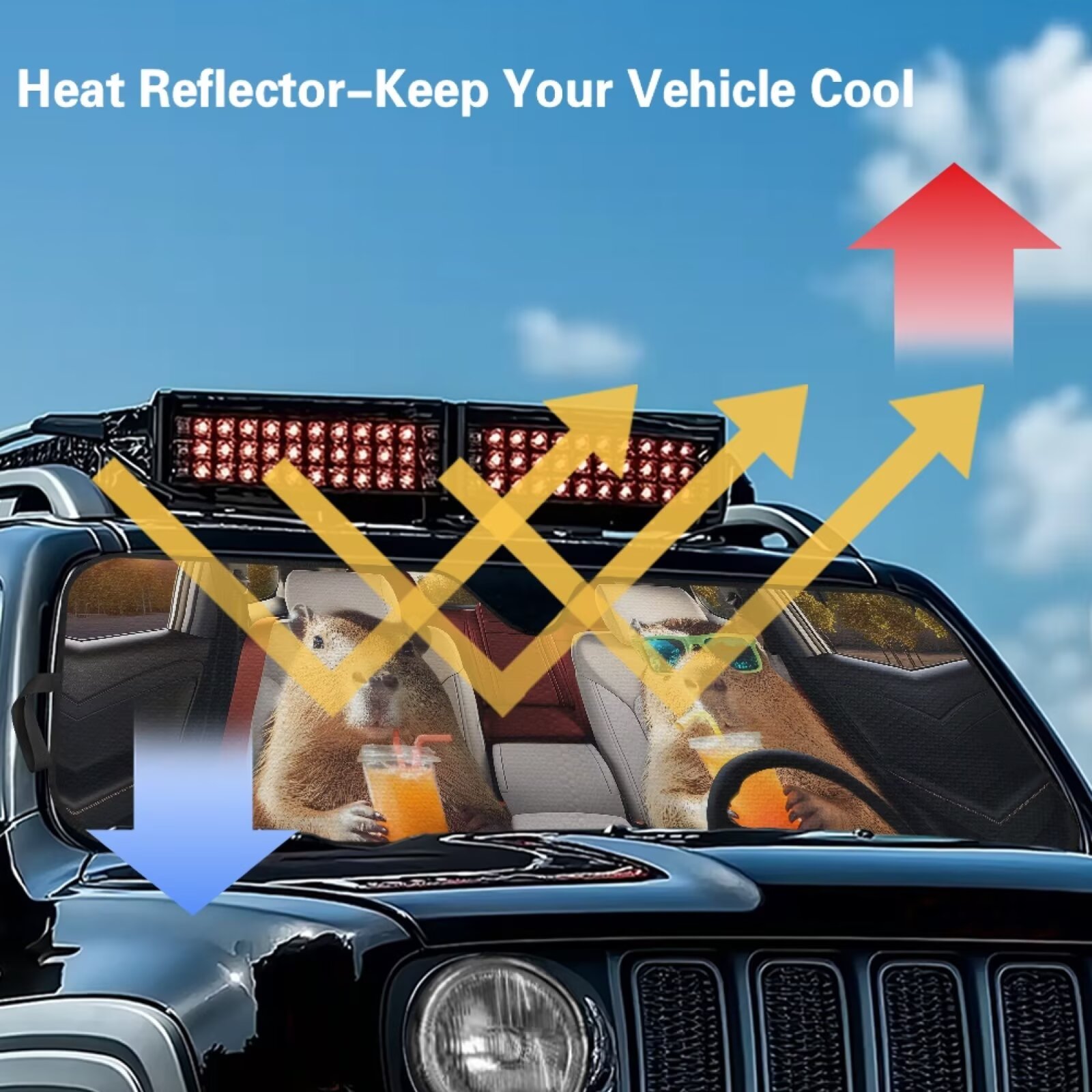 Uorisanigo Windshield Sun Shade Auto Heat Shield for Rubicon Sahara TJ JK JKU 2 Door & 4 Door Foldable Windshield Sun Visor Protect Your Car from Heat & Glare UV Ray(Capybara Animal Driving)