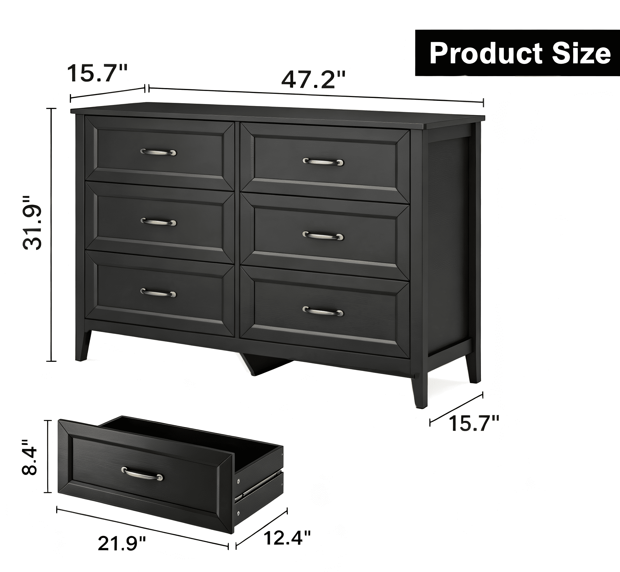 Lofka Black 6 Drawer Dresser with Metal Handle for Bedroom Living Room