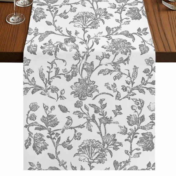 Grey Flower Table Runner 108 Inches Long,Vintage Farmhouse Boho Leaf Spring Plant Cotton Linen Table Runners Dresser Scarves,Fabric Tabletop Scarf Furniture Cover for Home Dinner Party 13"x108"