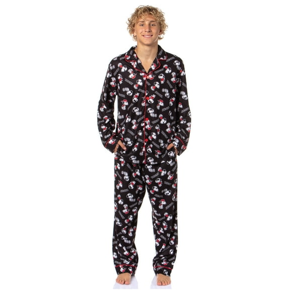 Peanuts Men's Snoopy Joe Cool Classic Pajama Button-up Coat Top with Pants Lounge Sleep Set