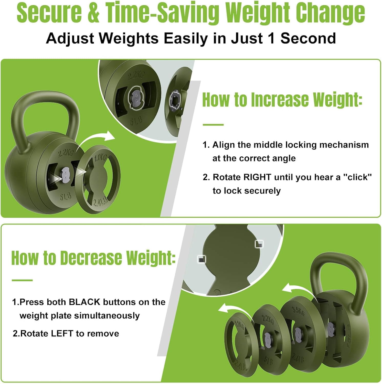 2-in-1 Adjustable Kettlebell, 15-45 LB Kettlebells Weight Set with Wide Grip, 4.8-30 LB Dumbbell Weights for Home Gym Strength Training