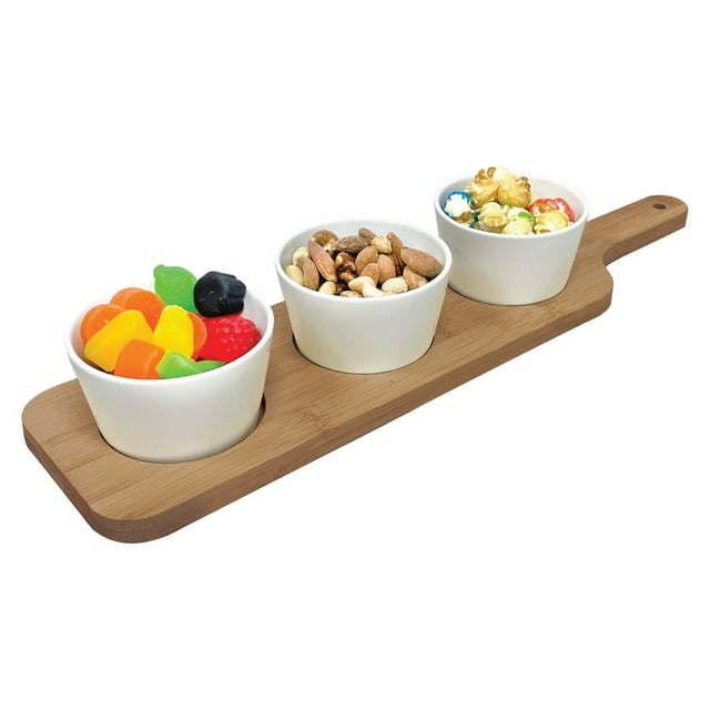 JS Gourmet - Ensemble de Service 4 Pcs, Plateau en Bambou, Bols en Céramique