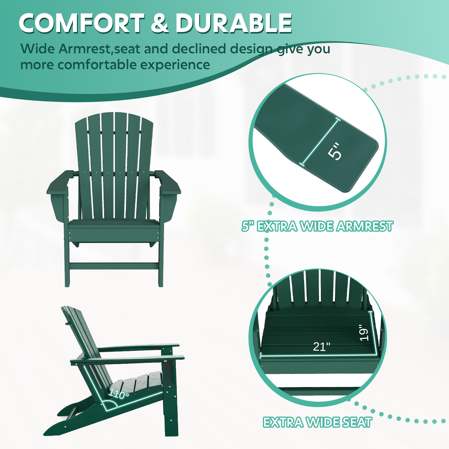 Hidpriva Adirondack Chairs, HDPE Weather Resistant Outdoor Chair w/ 400LBS Capacity for Patio, Garden and Fire Pit,Forest