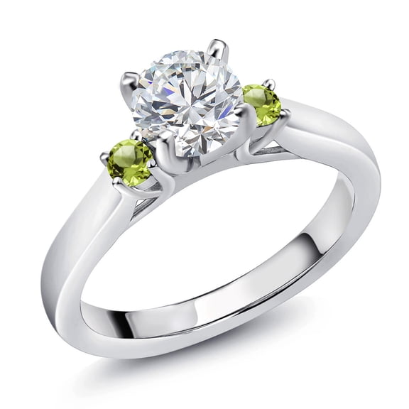 Gem Stone King 925 Sterling Silver Lab Grown Diamond and Green Peridot Engagement Ring for Women | 0.88 Cttw | Round 6MM | Gemstone April Birthstone | Size 7