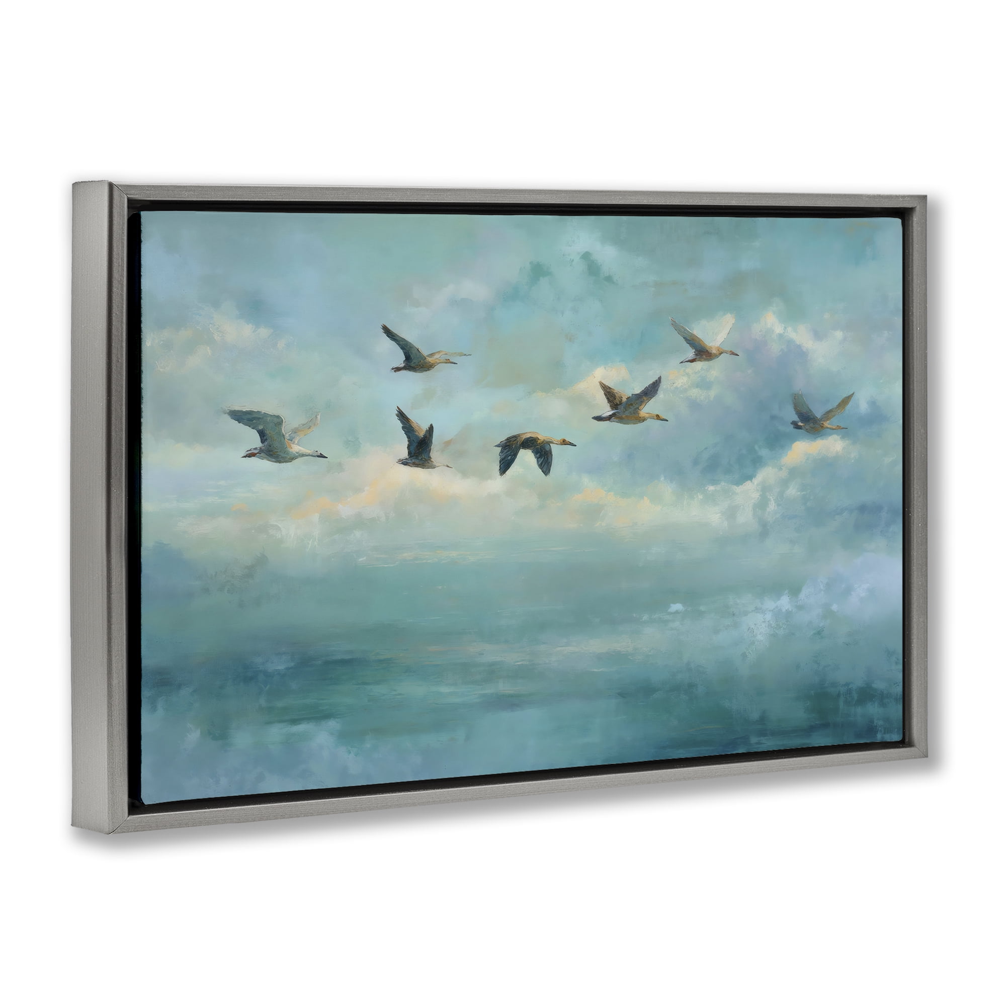 Stupell Industries Blue Skies Geese Gray Framed Floater Canvas Wall Art, design by Petal Prints Design