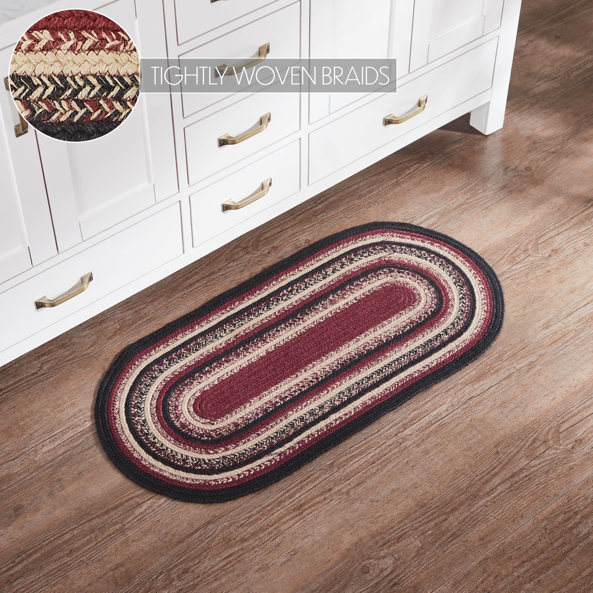 VHC Brands Jute Rug 17x36 w/Pad, Jute Area Rug, Accent Rug, Floor Decor, Braided, Connell Collection, Oval 17x36, Country Black