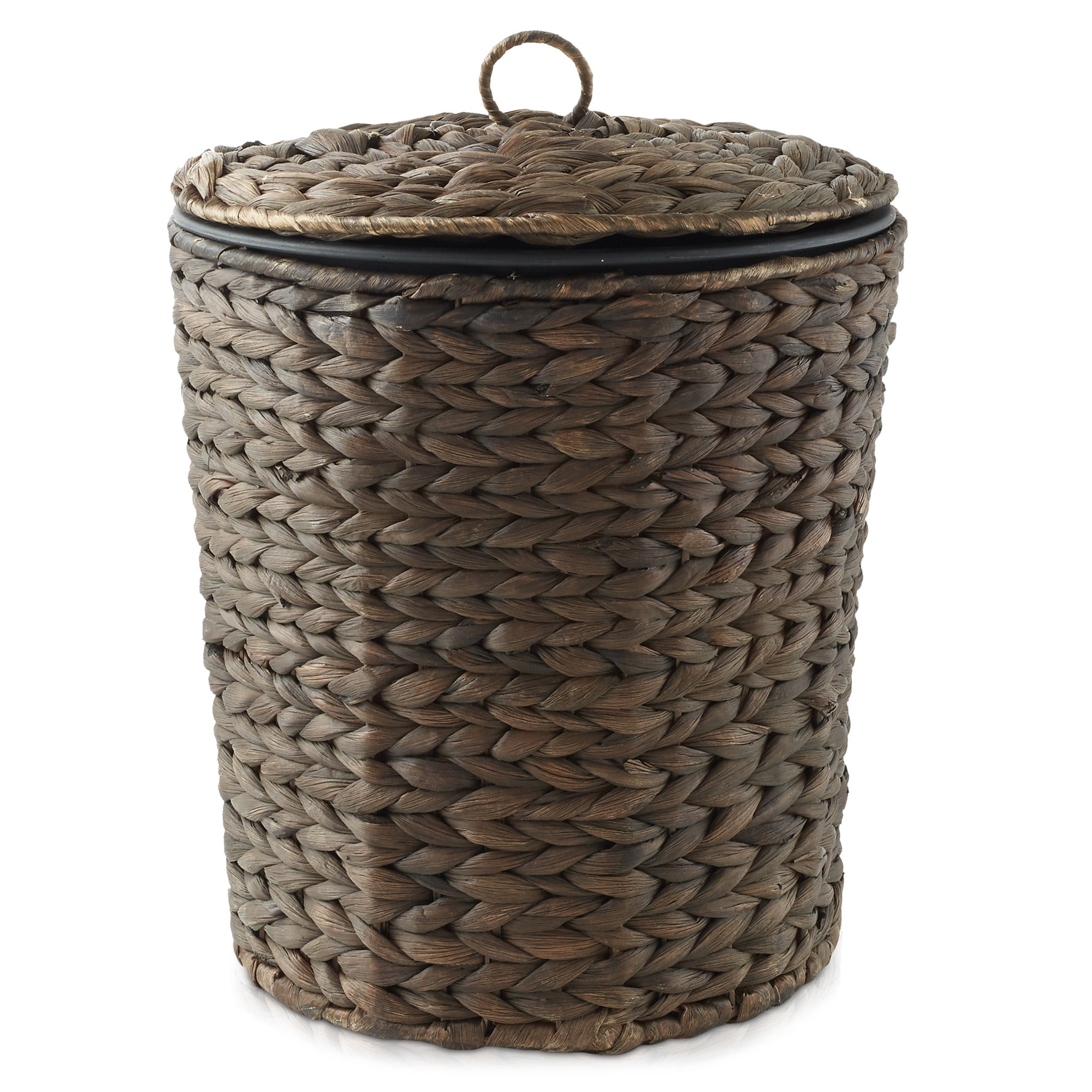 Casafield Hyacinth Trash Can with Lid and Liner, Espresso Brown Wicker Waste Basket for Garbage in the Bathroom, Bedroom, Laundry Room, Home Office