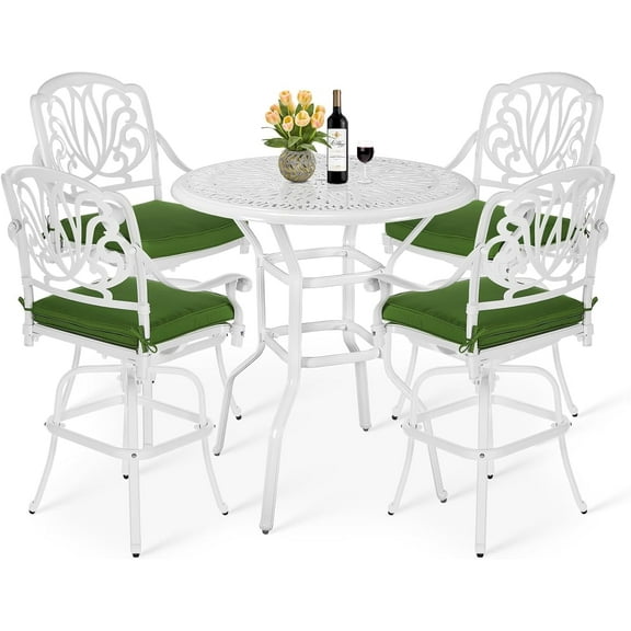MEETWARM 5-Piece Patio Swivel Bar Set, All-Weather Cast Aluminum Outdoor High Bar Stool Bistro Set for Deck Backyard w/ 4 Cushions Bar Chairs with Footrest and 38.5" Bar Table, 2" Umbrella Hole White