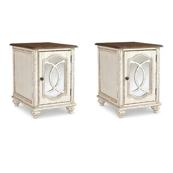 Home Square Set of 2 Mirrored Storage End Table in Chipped White & Brown
